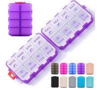 Foldable & Portable Pill Organizer 2 Times A Day with Extra Compartment - Etched Labels - Weekly 7 Day AM PM Medicine Box, W aily Travel Pill Case Dispenser for Vitamin, Supplement - Clear Purple