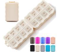Foldable & Portable Pill Organizer 2 Times A Day with Extra Compartment - Etched Labels - Weekly 7 Day AM PM Medicine Box, W aily Travel Pill Case Holder Dispenser for Vitamin, Supplement - Khaki