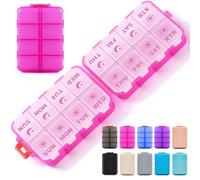 Foldable & Portable Pill Organizer 2 Times A Day with Extra Compartment - Etched Labels - Weekly 7 Day AM PM Medicine Box, W aily Travel Pill Case Dispenser for Vitamin, Supplement - Clear Pink