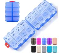 Foldable & Portable Pill Organizer 2 Times A Day with Extra Compartment - Etched Labels - Weekly 7 Day AM PM Medicine Box, W aily Travel Pill Case Dispenser for Vitamin, Supplement - Clear Blue