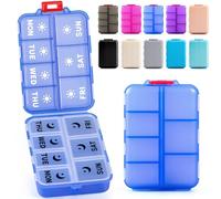 Foldable & Portable Weekly Pill Organizer 2 Times a Day with Clear Printed Labels - 7 Day AM PM Medicine Box, Week Daily Travel Pill Case Holder for Medications, Vitamin, Supplement - Clear Blue