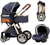 Foldable Pram Carriage,Luxury Baby Stroller for Newborn,3 in 1 Pushchair for Newborn High Landscape Anti-Shock Baby Stroller with Stroller Organizer Cooling Pad Rain Cover (Color : Blue)