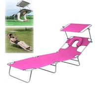 Foldable Recliner Sun Lounger - Portable Garden Chair with Reclining Backrest & Sunshade - Lightweight 600D Oxford Fabric for Patio, Poolside, Camping - Compact Space Saver (Rose Red)