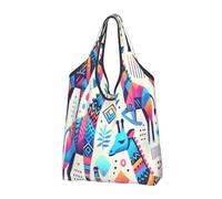 Foldable Reusable Shopping Bag Colorful Giraffe Pattern Geometric Large Grocery Tote With Carry Handles