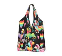 Foldable Reusable Shopping Bag Dog Dachshund Watercolor Rainbow Large Grocery Tote With Carry Handles
