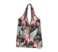 Foldable Reusable Shopping Bag Don'T Stop Believing Flying Pig Large Grocery Tote With Carry Handles
