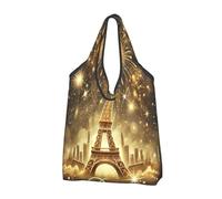 Foldable Reusable Shopping Bag Eiffel Tower Gold Fireworks Paris Large Grocery Tote With Carry Handles