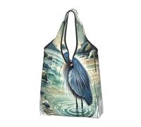 Foldable Reusable Shopping Bag Great Blue Heron Watercolor Large Grocery Tote With Carry Handles