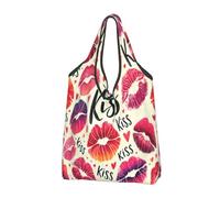 Foldable Reusable Shopping Bag Kisses Lips Kiss Red Mouths Large Grocery Tote With Carry Handles