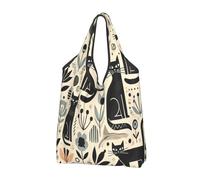 Foldable Reusable Shopping Bag Mid Century Black Cats Large Grocery Tote With Carry Handles