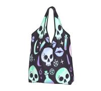 Foldable Reusable Shopping Bag Pastel Goth Witch Creepy Halloween Large Grocery Tote With Carry Handles