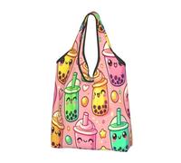 Foldable Reusable Shopping Bag Pearl Milk Tea Tapioca Tea Large Grocery Tote With Carry Handles