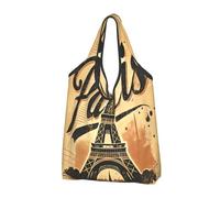 Foldable Reusable Shopping Bag Vintage Paris Retro Large Grocery Tote With Carry Handles