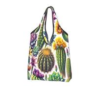 Foldable Reusable Shopping Bag Watercolor Cactus Succulents Large Grocery Tote With Carry Handles