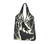 Foldable Reusable Shopping Bag Wolf Howling Thunderstorm Large Grocery Tote With Carry Handles