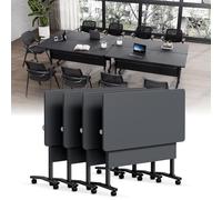 Foldable Rolling Conference Tables with Wheels - 4-Pack Modular Training Tables with Silent Locking Casters Flip Top Design for Office/Classroom Meetings (Black 70.8in)