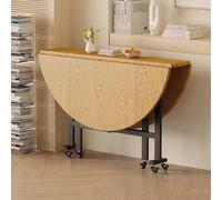 Foldable Round Dining Table, Modern Space-Saving Kitchen Table with 6 Wheels, 100cm Yellow Wood Texture - Perfect for Dining Room & Living Room