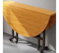 Foldable Round Dining Table with 6 Wheels, Space-Saving Wooden Drop Leaf Table for Kitchen & Living Room, Yellow Wood Texture, 100cm Portable Design