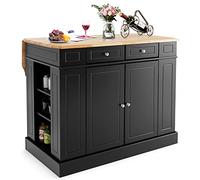 Foldable Rubberwood Kitchen Cart Central Island with Adjustable Shelves & Drawers Side Compartments 120x91x92CM Black Perfect for Dining & Cooking Spaces