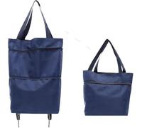 Foldable shopping bag with two rubber folding wheels, made of reusable Oxford cloth, this large-capacity, ultra-lightweight, portable shoulder bag is an essential shopping bag for home use(Navy Blue)