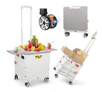 Foldable Shopping Trolley Collapsible Portable Utility Cart, Tote Basket with Magnetic Lid Rolling Crate with Telescoping Handle, 360°Rotate Wheel, Lightweight Storage Box Heavy Duty 55kg -White
