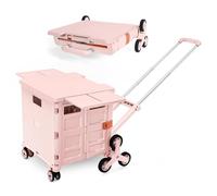 Foldable Shopping Trolley on Wheels Collapsible Portable Utility Cart with Stair Climbing Wheels with Magnetic Lid 80kg Rolling Crate with Telescoping Handle for Camping Fishing Tool Storage -Pink