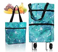Foldable Shopping Trolley,Trolley Bags Shopping Bag,Reusable Grocery Bags With Wheels,Oxford Cloth Waterproof,Maximum Load-Bearing Capacity 20kg,Blue Flowers,For Shopping Or Travelling
