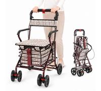 Foldable Shopping Trolley with Seat 4 Wheels Rolling Walker for Seniors