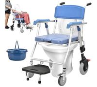 Foldable Shower Chair with Wheels, Waterproof Toilet Chair Commode Chair, Folding Wheeled Commode Toilet, Senior and Disabled Accessible Commode Aid with Arm (Blue, A)