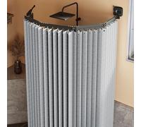 Foldable Shower Curtain No Drilling with Rod, L/U-Shaped Rod and Strong Suction Cup, Adjustable Angle Linen Textile Shower Curtain Waterproof/Washable,light gray,4 Folds