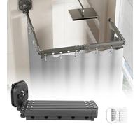 Foldable Shower Curtain Rail, Wall Mounted Shower Curtain Rod with Shower Curtain, No-Drill Suction Cup Laundry Organizer, Space-Saving Clothes Drying Rack for Bathroom (Grey-5 Fold, 1.8x2m)