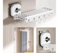 Foldable Shower Curtain Rod with Suction Cup, Adjustable 5-fold Shower Rail with Curtain (1.8x2M), 12 Curtain Rings, Wall Mounted Corner Shower Curtain Pole for Bathroom without Drilling (Suction Cup)