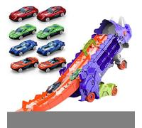 Foldable Sliding Dinosaur Truck - Dinosaur Truck Toys for Kids | Kids Transport for 3-6 Years Old, Carrier with Foldable Sliding Race Track and Die-cast Cars