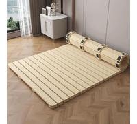 Foldable Solid Wood Japanese Floor Bed Roll-up Slatted Bed for Bedrooms Guest Rooms & Dorms (74.8" D x 53.2" W Khaki) - Space-Saving Portable Design