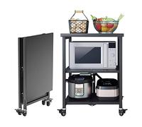 Foldable Stainless Steel Rolling Kitchen Cart with Lockable Wheels Utility Shelves - Multifunctional Trolley for Laundry Bathroom & Kitchen (Color: Black)