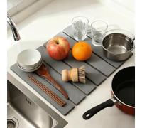 Foldable Stone Dish Drying Mat for Kitchen, 40x30cm Quick Dry Absorbent Diatomite Sink Drainer & Non-Slip Bath Mat for Countertop, Worktop, Draining Board - Dark Grey
