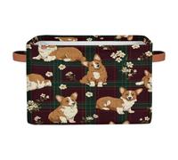 Foldable Storage Baskets for Shelves Closet,Cute Corgis Pet Dog On Scotland Plaid Organizer Box Bins with Handles Collapsible Fabric Storage Box for Bedroom Clothes Playroom Nursery Toys,1 Pack