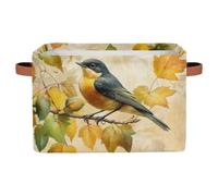 Foldable Storage Baskets for Shelves Closet,Fall Maple Leaves Bird Organizer Box Bins with Handles Collapsible Fabric Storage Box for Bedroom Clothes Playroom Nursery Toys,1 Pack