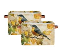 Foldable Storage Baskets for Shelves Closet,Fall Maple Leaves Bird Organizer Box Bins with Handles Collapsible Fabric Storage Box for Bedroom Clothes Playroom Nursery Toys,2 Packs