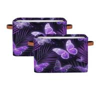 Foldable Storage Baskets for Shelves Closet,Fantasy Purple Butterfly Palm Leaves Organizer Box Bins with Handles Collapsible Fabric Storage Box for Bedroom Clothes Playroom Nursery Toys,2 Packs
