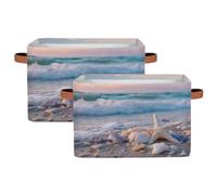 Foldable Storage Baskets for Shelves Closet,Sunset Beach Scene Starfish Sea Waves Organizer Box Bins with Handles Collapsible Fabric Storage Box for Bedroom Clothes Playroom Nursery Toys,2Packs