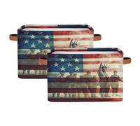 Foldable Storage Baskets for Shelves Closet,Vintage American Flag With Soldiers Organizer Box Bins with Handles Collapsible Fabric Storage Box for Bedroom Clothes Playroom Nursery Toys,2Packs