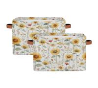 Foldable Storage Baskets for Shelves Closet,Watercolor Sunflowers Field Organizer Box Bins with Handles Collapsible Fabric Storage Box for Bedroom Clothes Playroom Nursery Toys,2 Packs