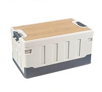 Foldable Storage Box with Wood Lid, 60L Plastic Stackable Container for Camping, Car, Home, Outdoor Use, Organizer Bin for Yard and More