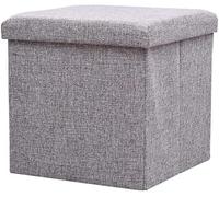Foldable Storage Ottoman Seat with Removable Lid, Space-Saving Linen Fabric Pouffe Cube for Living Room, Bedroom, and Nursery Organization