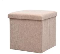 Foldable Storage Ottoman Seat with Removable Lid, Space-Saving Linen Fabric Pouffe Cube for Living Room, Bedroom, and Nursery Organization