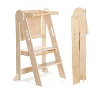 Foldable Toddler Tower Kitchen Helper, Montessori Learning Step Stool for Kids, Wooden Folding Toddler Standing Stool with Safety Rail, Space-Saving for Kitchen & Bathroom