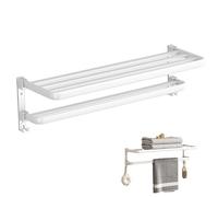 Foldable Towel Rail | Double Layer Towel Holder without Punching - Aluminium Bathroom Storage and Organisation for Washcloths, Bath Bombs and Toiletries