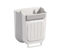 Foldable trash can in beige/grey white kitchen cabinets. Foldable food waste storage and collection for bathrooms, cars, offices, and homes - trash can (gray white)
