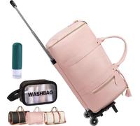 Foldable Travel Bag 2.0, Trendfetchus Foldable Travel Bag 2.0 with Wheels, Large Convertible Garment Duffel Bag Rolling Garment Bag for Trave, Carry on Bags with Toiletry Bag, Pink With Wheels
